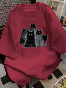 Women's Cotton T-Shirts With Round Neck, Women's Summer Casual Clothing, Fluffy Black Kitten Print T-Shirt, Pure Cotton Round Neck Top, Simple T-Shirt For Everyday Wear. - 黑色 - 查看 5