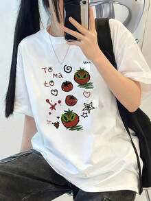 Women's Cotton Round Neck Casual T-Shirt - Short Sleeve Round Neck Casual T-Shirt For Women, Ideal For Spring/Summer - Relaxed Fit - Top With Appliquéd Geometric Print, Machine Washable Blouse For Casual Outfits And Layering Pieces - Simple T-Shirt For Everyday Wear - 白色 - 查看 7