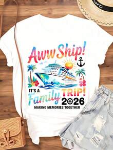 Aww Ship It's A Family Trip 2026 Cruise T-Shirt To Make Memories Together, For Family Vacation, Travel Souvenir Gift, Summer Clothes, 220g - Urban Vintage Style, Unisex, Loose Fit, Cotton, Short Sleeve, Round Neck, 100% Pure Cotton. - 白色 - 查看 4