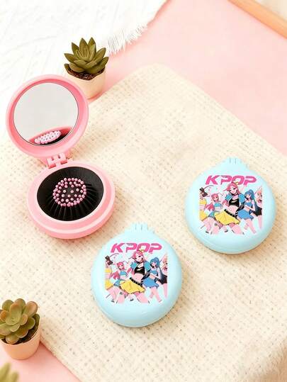 K-Pop Girl Group Printed Folding Comb With Mirror, Portable Compact 2-In-1 Makeup Mirror Comb, Mini Foldable Air Cushion Massage Comb For Women ,Girls, Mom, Suitable For Travel, Camping, Sports, Outdoor, Performances, Brush Hair, Multi-Function, Back To School, Mother's Day Gift, Travel Essuential, Easter Gifts, Accessories Women
