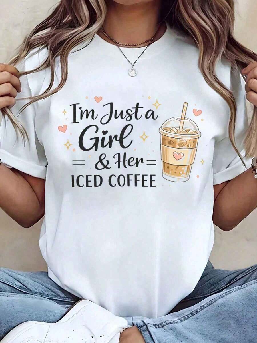Women's T-Shirts, "I Am Just A Girl And Her Iced Coffee" Print T-Shirt, Round Neck, Casual Summer Style, Gift For Coffee Lovers, 220g, Women's Cotton T-Shirts. - 白色 - 查看 1