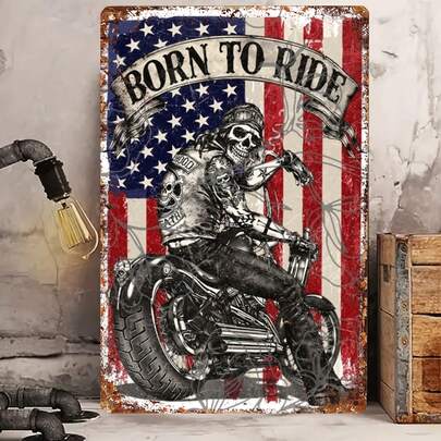 1pc Vintage "Born To Ride" Motorcycle Heat Transfer Metal Sign - 8" X 12" Iron Plate, Suitable For Home, Bar, Garage Wall Decor - Classic Biker Art, Perfect For Christmas Gift And Cabin Decor, Pre-Drilled Holes As Shown In Size
