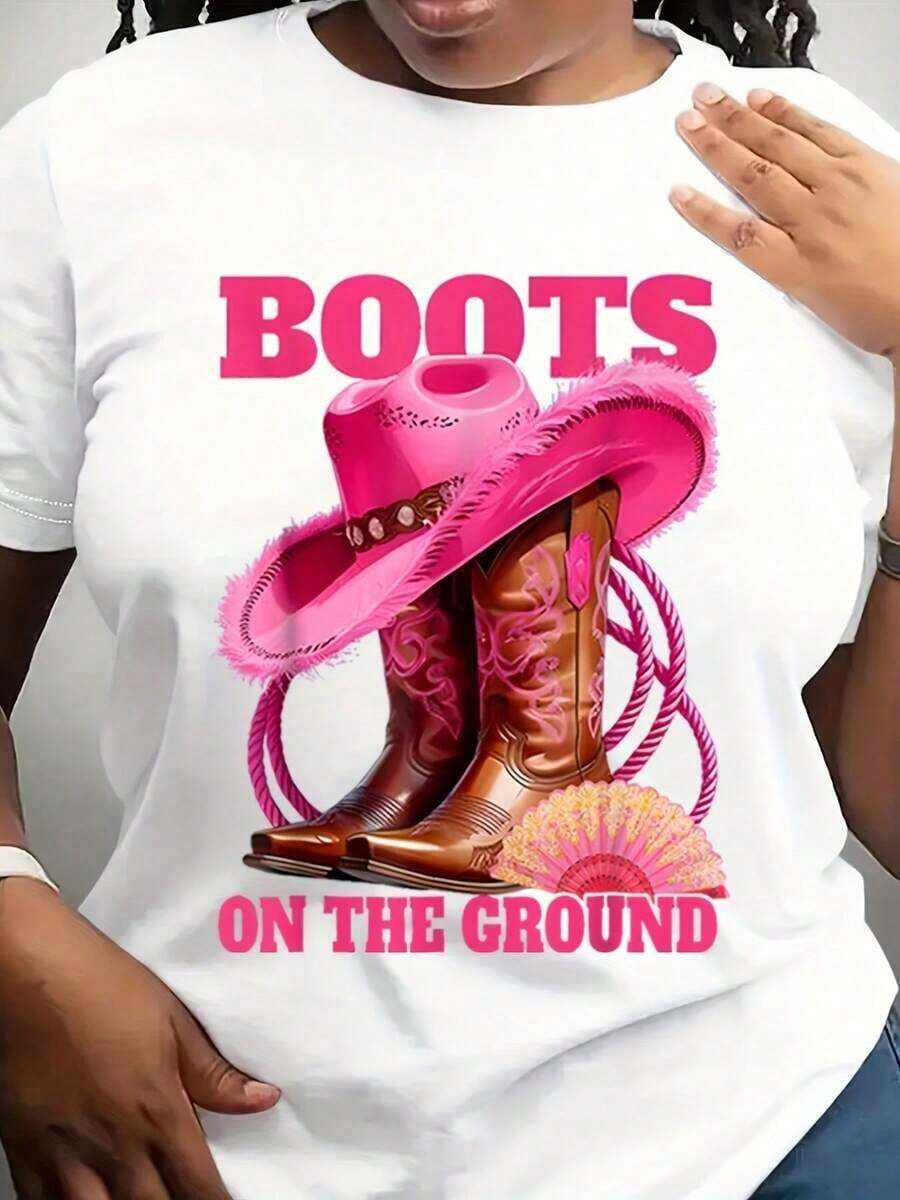 Boots On The Ground Women's T-Shirt With Pink Cowboy Hat And Boots Graphic Tee For Fall/Winter Wear Casual Christmas And Halloween Outfit - 白色 - 查看 1