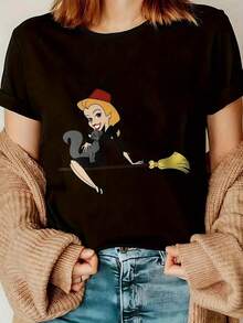 Women's Y2K Style Elegant Witch Print T-Shirt, Short Sleeve Round Neck, Casual Top For All Seasons | Casual Fashion |  Letter Print - 黑色 - 查看 1