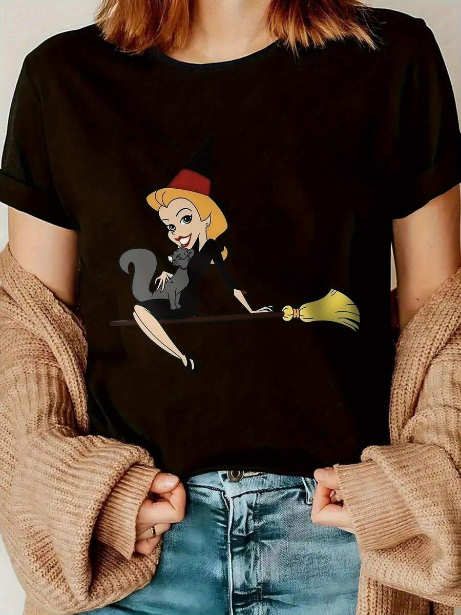 Women's Y2K Style Elegant Witch Print T-Shirt, Short Sleeve Round Neck, Casual Top For All Seasons | Casual Fashion | Letter Print - 黑色 - 查看 1