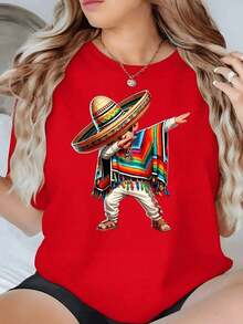 100% Cotton. Figure Of A Man With A Traditional Mexican Hat And Multicolored Poncho Making A Funny Gesture. Women's T-Shirt, 100% Cotton, 220g. Women's Simple Solid Color T-Shirt, Loose And Slim Fit Casual Short Sleeve - 紅色的 - 查看 11