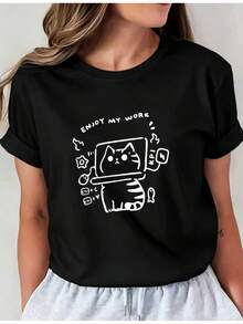 SuaveLatest Design Creative Cat Graphic Printed TShirt Casual Round Neck Base Shirt Short Sleeve TShirt For Spring And Summer Vacations WomenS New WomenS Clothing Machine Washablei01Casual Crew Neck Top Comfortable Women's WearcuteNew Arrival - 黑色 - 查看 6