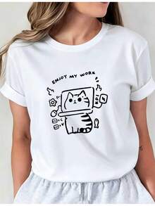 SuaveLatest Design Creative Cat Graphic Printed TShirt Casual Round Neck Base Shirt Short Sleeve TShirt For Spring And Summer Vacations WomenS New WomenS Clothing Machine Washablei01Casual Crew Neck Top Comfortable Women's WearcuteNew Arrival - 白色 - 查看 1