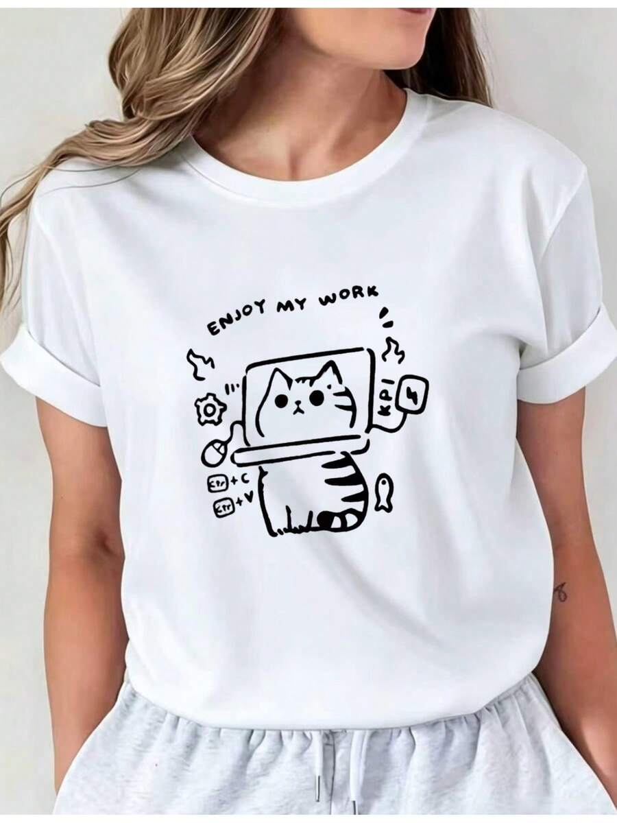 SuaveLatest Design Creative Cat Graphic Printed TShirt Casual Round Neck Base Shirt Short Sleeve TShirt For Spring And Summer Vacations WomenS New WomenS Clothing Machine Washablei01Casual Crew Neck Top Comfortable Women's WearcuteNew Arrival - 白色 - 查看 1