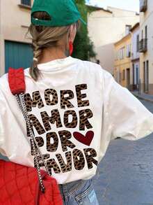 Camiseta de manga corta de con estampado de leopardo y gráfico de letra, estilo minimalista y vintage, blusa versátil y elegante para mujer en color blanco Ropa deportiva estilo Y2K, cuello redondo, 100% algodón, tejido suave, manga corta. - Blanco - Ver 4