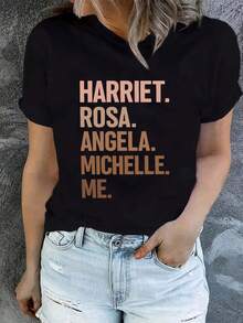 Harriet, Pink Print, Women's Casual Short Sleeve T-Shirt, Comfortable Fit, Sister Sets, Outdoor Travel Essential, Women's T-Shirt, Spring-Summer T-Shirt. - 黑色 - 查看 1