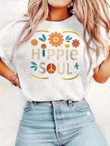 Hippie Soul, Hippie Print, Women's Casual Short-Sleeved T-Shirt, Comfortable And Well-Fitting, Matching Sets For Sisters, Essential For Outdoor Travel, Women's T-Shirt, Spring/Summer T-Shirt. - 白色 - 查看 6