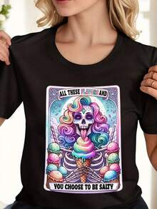 Women's T-Shirts With Various Salt-Related Designs For You To Choose From. | Short-Sleeved T-Shirt With A Round Neck, Featuring A Glittery Skull Ice Cream Cone Design. Comfortable, Machine Washable, Suitable For All Seasons, And Perfect For Outdoor Activities. - 黑色 - 查看 6