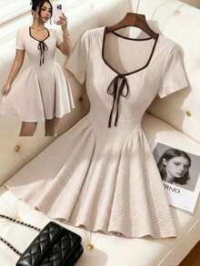 Women's Elegant Short-Sleeved Fitted Flared Dress With Bow Design In Apricot And Brown, Spring/Summer - 黑色 - 查看 12