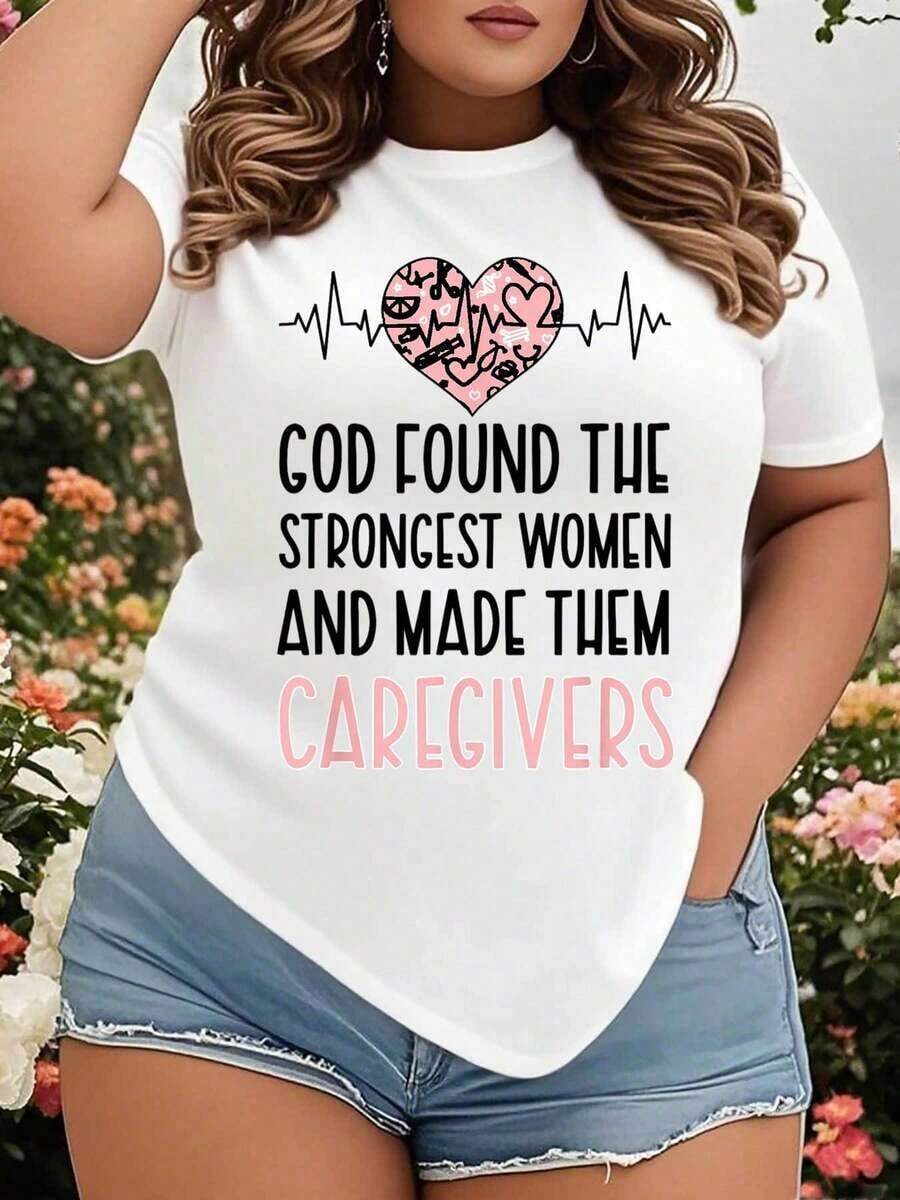 God Found The Strongest Women And Made Them Caregivers - Heartbeat Design T-Shirt For Nurses And Healthcare Workers, Plus Size, Comfortable Casual Wear For Women. - 白色 - 查看 1