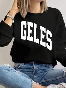 MSUCC|Women's Basic T-Shirt With Round Neck, Print, American Style, Modern And Youthful Design, Suitable For All Seasons And Daily Wear, With Soft Fabric|Women's Black Long-Sleeved Sweatshirt With Lettering - 黑色 - 查看 1