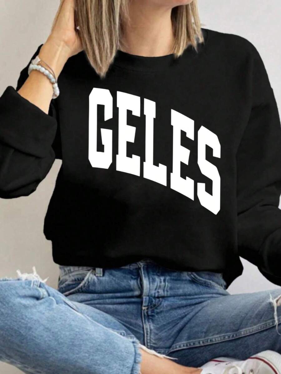 MSUCC|Women's Basic T-Shirt With Round Neck, Print, American Style, Modern And Youthful Design, Suitable For All Seasons And Daily Wear, With Soft Fabric|Women's Black Long-Sleeved Sweatshirt With Lettering - 黑色 - 查看 1