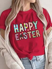 1 Piece Fashion Casual T-Shirt For Men And Women, Short Sleeve With Easter Letter Print And Round Neck UC3W. Versatile, Easy To Match, Suitable For Daily Wear, Urban Style, Holiday Wear, Weekend Wear. - 紅色的 - 查看 1