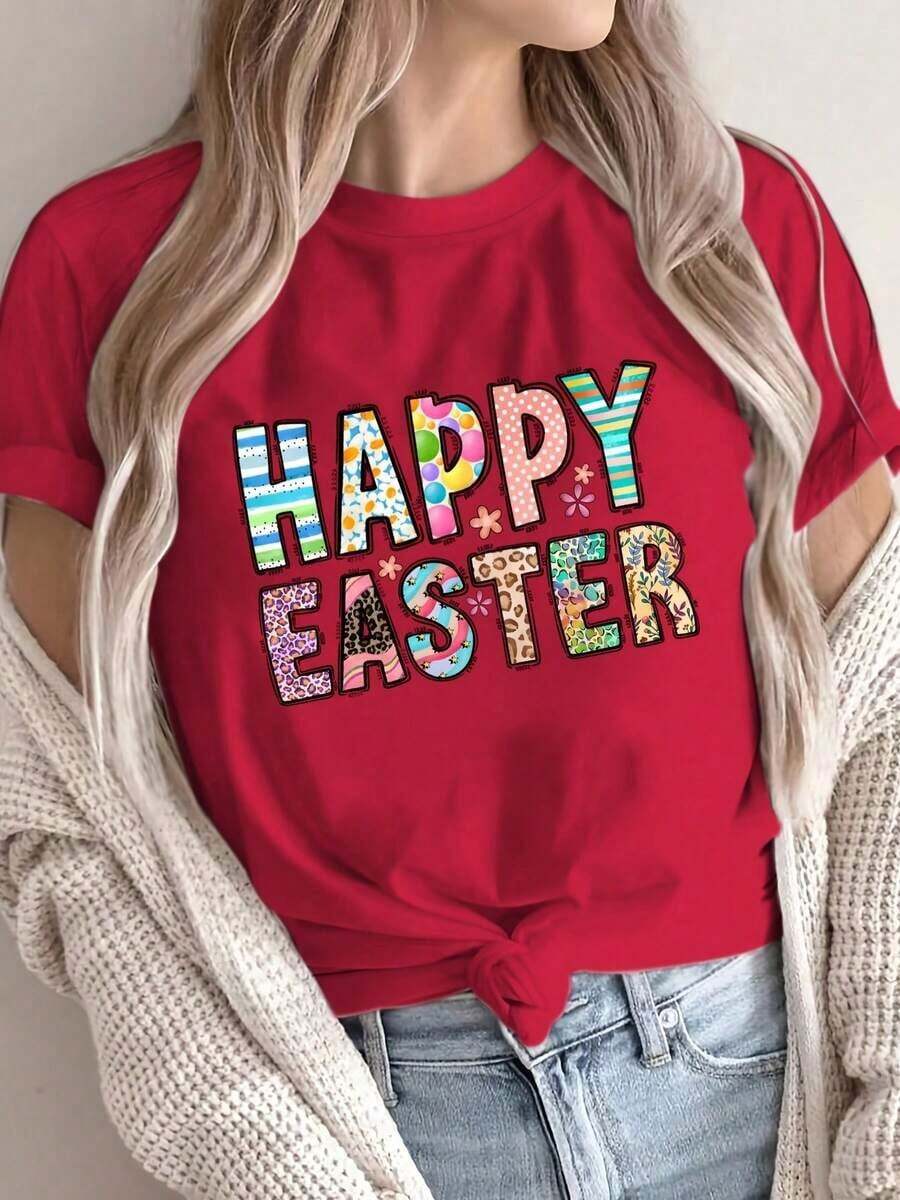 1 Piece Fashion Casual T-Shirt For Men And Women, Short Sleeve With Easter Letter Print And Round Neck UC3W. Versatile, Easy To Match, Suitable For Daily Wear, Urban Style, Holiday Wear, Weekend Wear. - 紅色的 - 查看 1