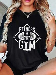 SimpieAndVersatileDesign Women's Motivational Sports T-Shirt - "Fitness Before The Gym" Pattern, Barbell Design, Medium Weight Stretch Fabric, Crew Neck, Machine Washable, All Seasons Activewear And Casual Wear, Fitness Clothing, Sport Style Top, Medium Elasticity Cotton T-Shirt - 黑色 - 查看 1