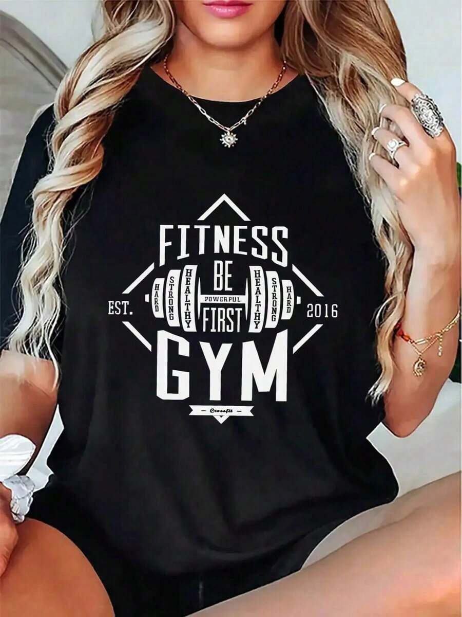 SimpieAndVersatileDesign Women's Motivational Sports T-Shirt - "Fitness Before The Gym" Pattern, Barbell Design, Medium Weight Stretch Fabric, Crew Neck, Machine Washable, All Seasons Activewear And Casual Wear, Fitness Clothing, Sport Style Top, Medium Elasticity Cotton T-Shirt - 黑色 - 查看 1