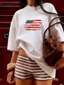 American Flag T-Shirt In Painted Style, Fashionable Short-Sleeve T-Shirt For Spring/Summer 2026, Made In Mexico, 180 Grams. Cartoon Print, Couple Design, Suitable For Indoor Or Outdoor Wear. Crew Neck, Unisex, Ideal For Office And Leisure. One-Pack. - WH-P631577SLNDXZGY613 - 查看 4