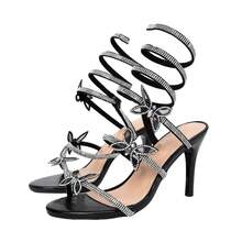 Women's Rhinestone Flower Snake Wrap High Heels Open Toe Ankle Strap Party Sandals - Black - View 5