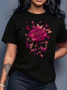 Women's Graphic Tee: Unique Graphic Tee Featuring A Rose And Butterfly Design Against A Black Background, A Modern Style For Women. Available In Sizes S, M, And L In Black, Ideal For Spring And Casual Events. Women's Fashion, Women's Clothing, Pink T-Shirt, Printed T-Shirts. 100% Cotton. - 黑色 - 查看 6