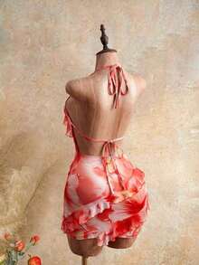 2026 Nuevo vestido de mujer con escote sexy, estampado floral y cuello halter, con diseño de volantes en el borde, estilo Y2K revival, estilo dulce y picante, look de vacaciones, para adultos jóvenes, tela transparente, ajuste ceñido, ligero.Adec - Naranja - Ver 2