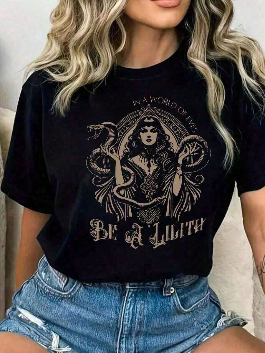 Women's Summer Tops 2026, Casual Letter And Snake Print, Round Neck, Loose And Comfortable, Women's Summer Clothes, Elegant Plus Size Tops For Women, Round Neck, 100% Cotton, Soft Fabric, Short Sleeve - 黑色 - 查看 1