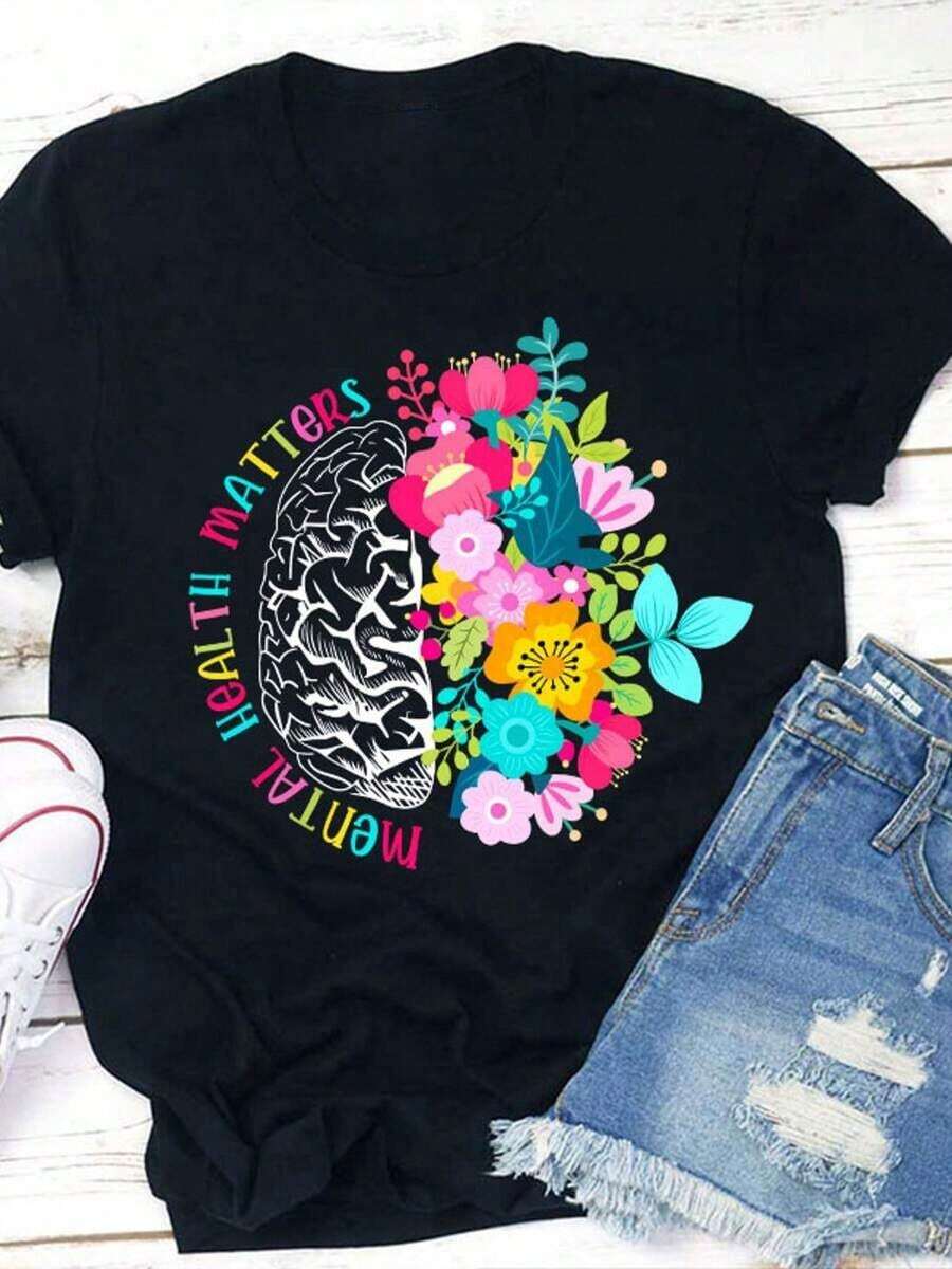 1pc Women's Casual Round Neck T-Shirt - Floral And Vibrant Brain Design, Short Sleeve, Black, Lightweight And Breathable For Spring, Summer And Autumn - "Mental Health Matterssoft - 黑色 - 查看 1