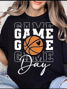 Women's T-Shirt, Women's Basketball Game Day T-Shirt, Heart Design Game Day T-Shirt, Sports Fan Clothing For Basketball Events And Tournaments. - 黑色 - 查看 7