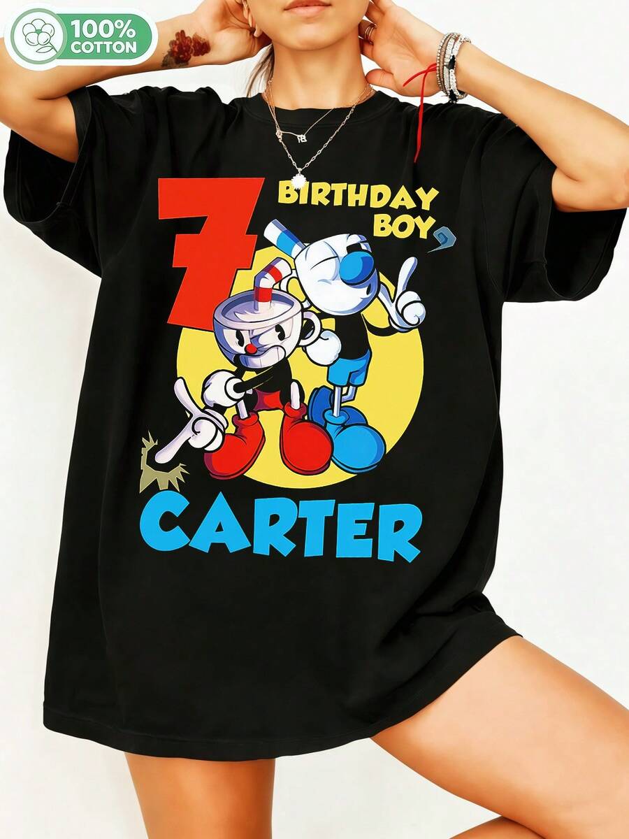 Cupheadd Birthdayy Boy Custom Name Cartoon Graphic 100% Cotton Oversized T-Shirt Y2K Streetwear Unisex Tee For Men, Women, Kids, Birthday Gift, Casual Top. - Black - View 1