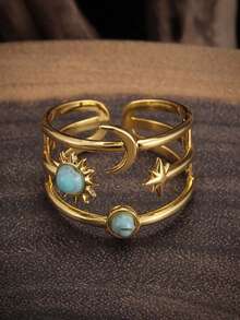 Elegant Adjustable Stainless Steel Ring With Turquoise Inlay - Star, Moon & Sun Design For Women Perfect For Weddings, Parties & Everyday Chic Fashion Jewelry - Gold - View 3