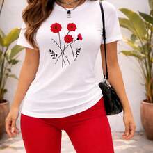 Women's T-Shirt Made Of 100% Cotton, Round Neck, Breathable, Comfortable And Lightweight, Ideal For Spring And Summer, With A Minimalist Red Floral Print, Casual Elegant And Fresh Style, Versatile For Everyday Wear And Outings - 白色 - 查看 1