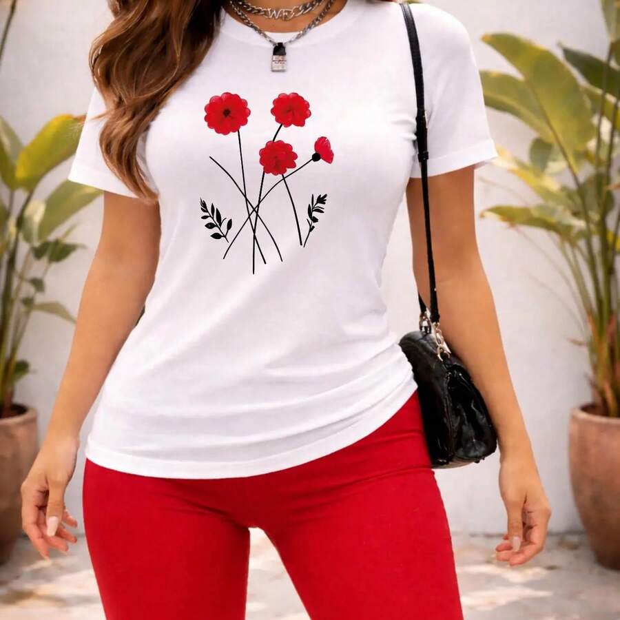 Women's T-Shirt Made Of 100% Cotton, Round Neck, Breathable, Comfortable And Lightweight, Ideal For Spring And Summer, With A Minimalist Red Floral Print, Casual Elegant And Fresh Style, Versatile For Everyday Wear And Outings - 白色 - 查看 1