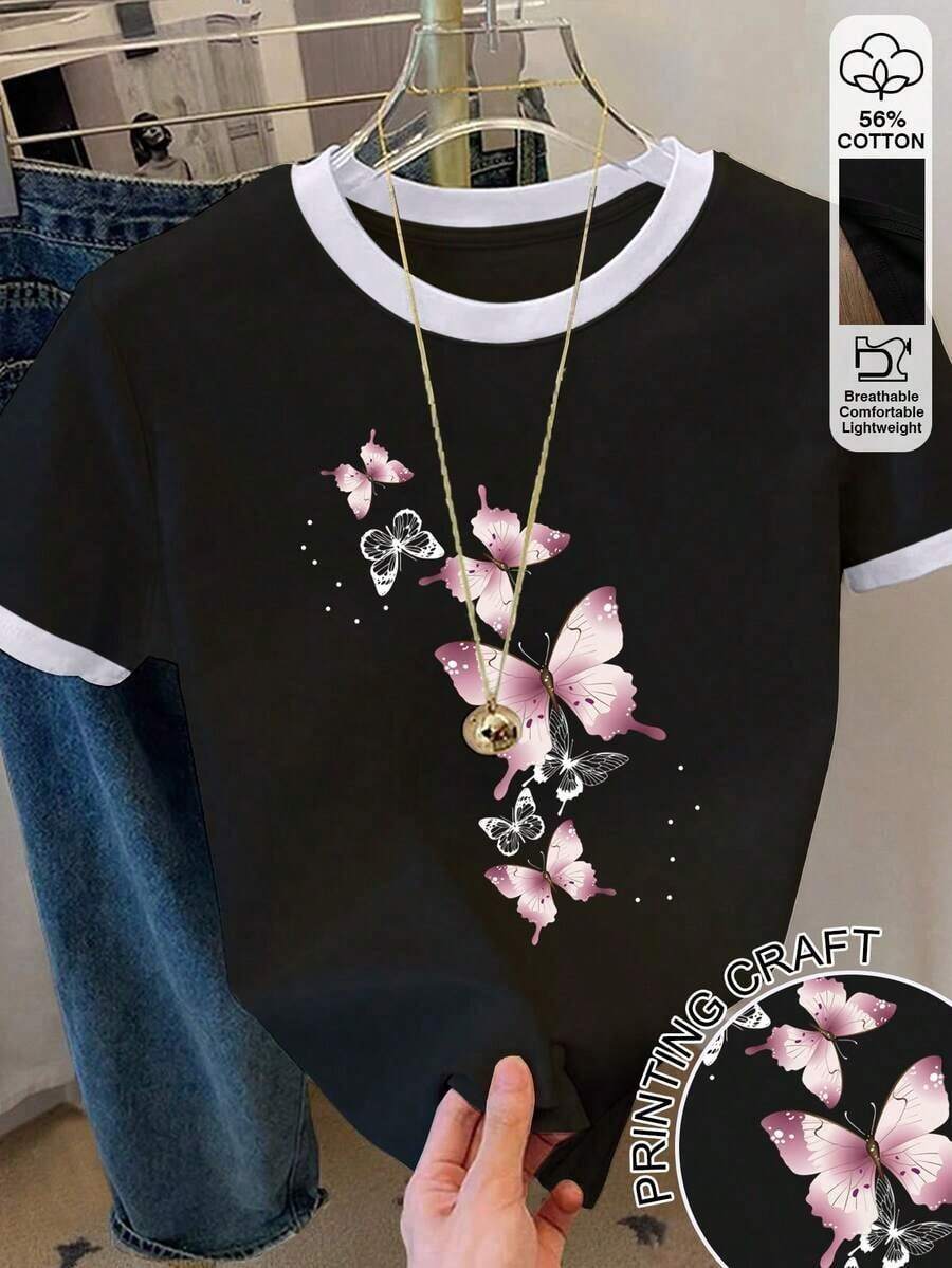 Camiseta de manga corta de mujer con estampado de cachorro colorblock y cuello redondo, casual de verano - Negro - Ver 1