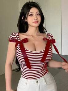 Camiseta de mujer de manga corta ajustada y sin espalda con lazo, para el verano - Burdeos 2 - Ver 5