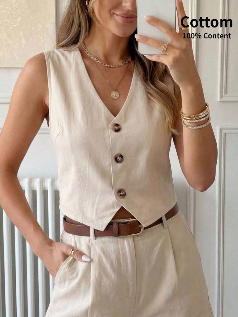 Blusa informal sin mangas de unicolor para oficina en verano, blusas sin mangas - Caqui - Ver 1