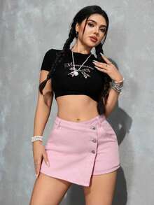 PETITE Short vaquero sexy con bolsillo frontal, cruce de cintura y abotonado para mujer - Rosa Pálido - Ver 5
