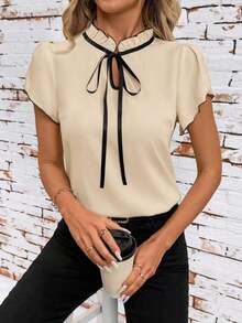 Camisa de mujer de manga corta, con lazo, volantes, a cuadros, elegante y casual para vacaciones y picnic, primavera/verano - Albaricoque - Ver 7