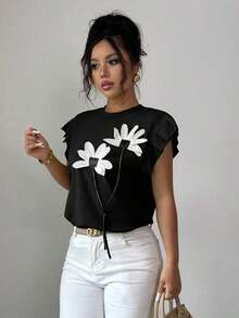 Camiseta de mujer con flores tridimensionales lindas y contrastantes para verano y otoño - Negro - Ver 5