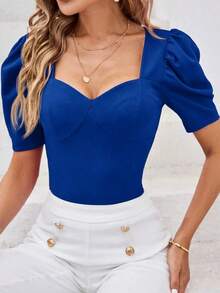 Clasi Top de escote corazón de corte ajustado con mangas tipo cordero, color rojo rosa - azul real - Ver 6