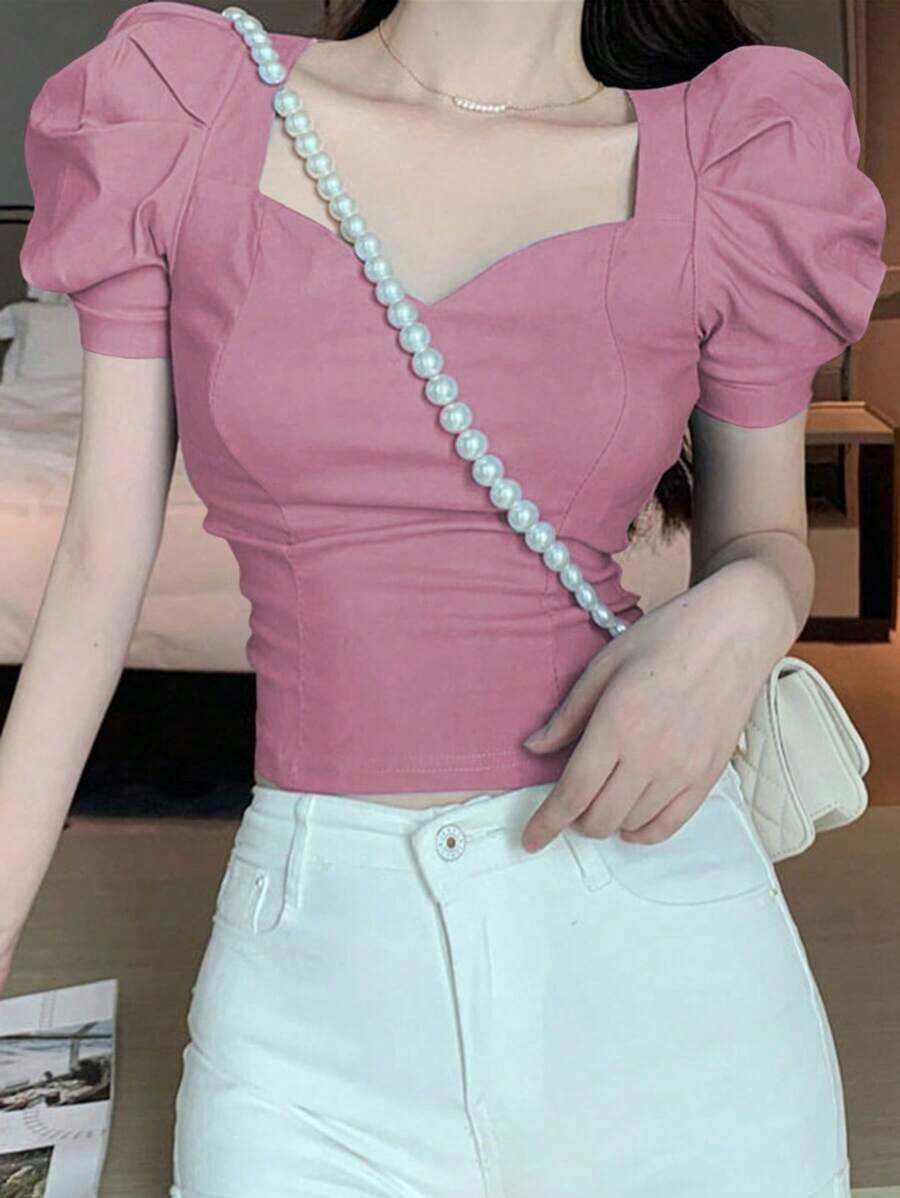 Blusa de unicolor con cuello de corazón y mangas abullonadas, blusas de manga corta, tops de verano lindos para mujer - Rosa - Ver 1