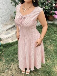 Vestido casual de línea A con cintura ceñida y mangas cortas con lunares para tallas grandes - Beis - Ver 5