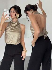 Blusa de satén dorado con cuello de tortuga y espalda de halter, elegante y casual para ir al trabajo/Look de Año Nuevo/Blusa sexy/Blusa brillante/Blusa para fiesta/Blusa de estilo "Old Money"/Blusa dorada - Dorado - Ver 9