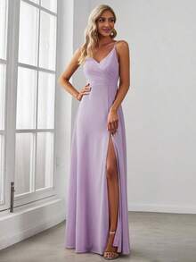 Elegante vestido de noche de unicolor y sexy, vestido de dama de honor con abertura alta y tirantes finos en azul marino, vestido formal para invitados de boda en primavera - Púrpura malva - Ver 2