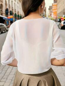 Chiffon Tie-Front Solid Color Shirt, Summer Vacation Cover Up, Beach Cover-Up, Lightweight Short Shawl Top, Spring Casual Cover Up White - White - View 2
