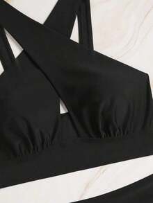 Set de 2 piezas de traje de baño de moda sexy con cuello cruzado hueco y cordón - Negro - Ver 6
