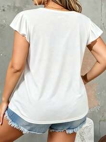 Camiseta de mujer de talla grande con cuello en V, manga corta, calada y bordada, para usar de vacaciones - Blanco - Ver 2